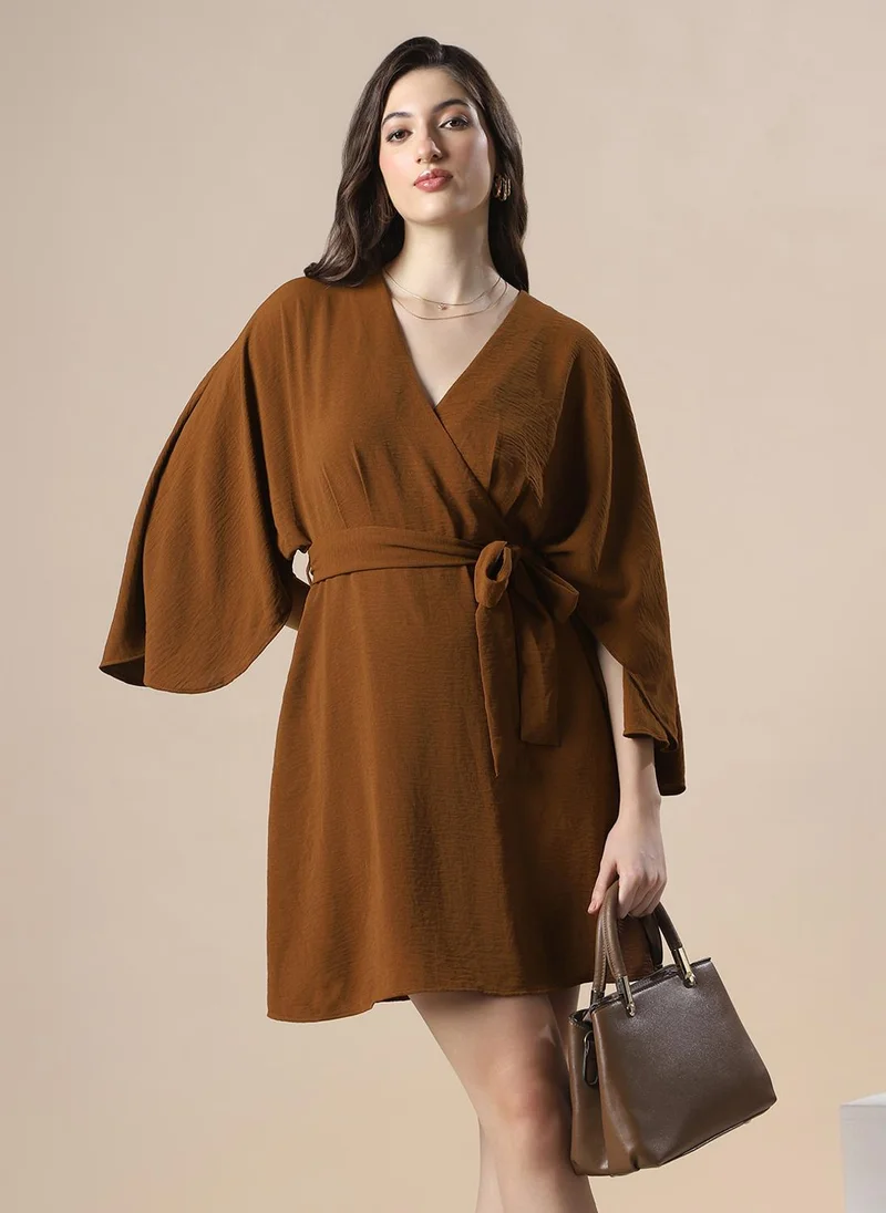 جلو باص Globus Women Brown Wrap V-Neck Flares Sleeve Waist Tie-Up Mini Dress